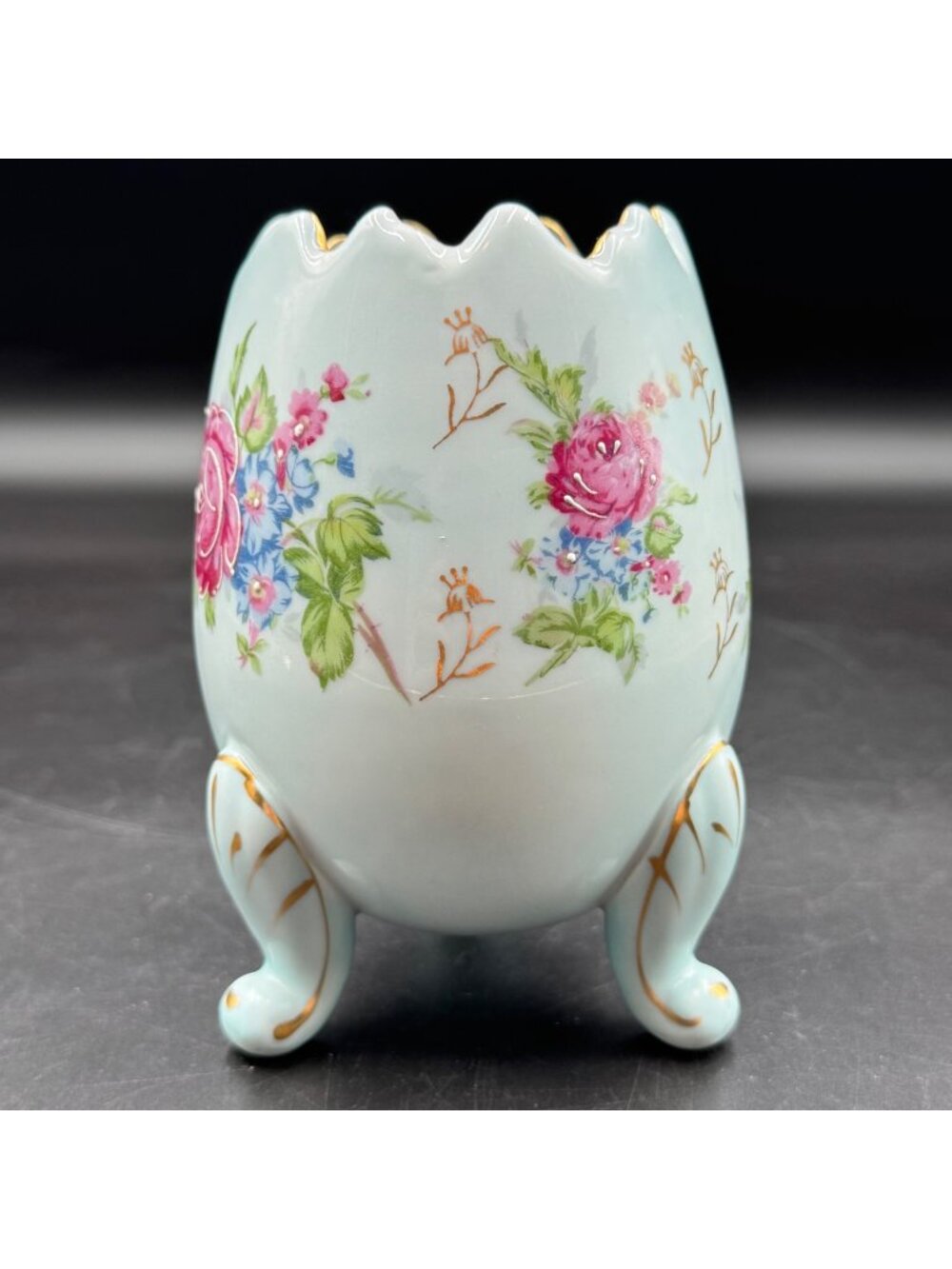 Vintage Napcoware Porcelain Floral Egg Vase Scalloped Gold Trim Japan